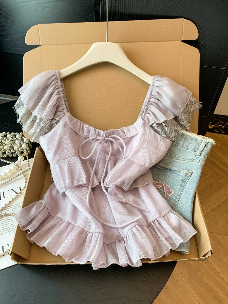 Summer New Purple Lace Splice Square Collar Fly Sleeve Women's Short Sleeve Shirts Chiffon Top Breathable Skin-Friendly Thin
Summer New Purple Lace Splice Square Collar Fly Sleeve Women's Short Sleeve Shirts Chiffon Top Breathable Skin-Friendly Thin