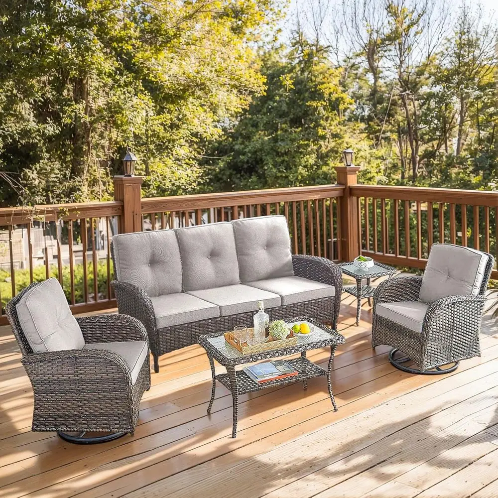 Brown Wicker 5-Piece Patio Furniture Set with Swivel Glider, 3-Seat Sofa, Side and Coffee Tables, Beige Cushions
Brown Wicker 5-Piece Patio Furniture Set with Swivel Glider, 3-Seat Sofa, Side and Coffee Tables, Beige Cushions