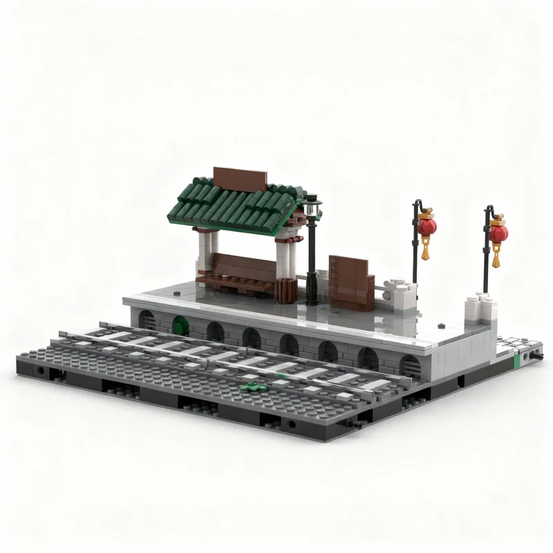 681PCS MOC Street View Modular Trainstation Side Entrance Covered Bench Model Custom Building Blocks DIY Assembly Gift Home Set