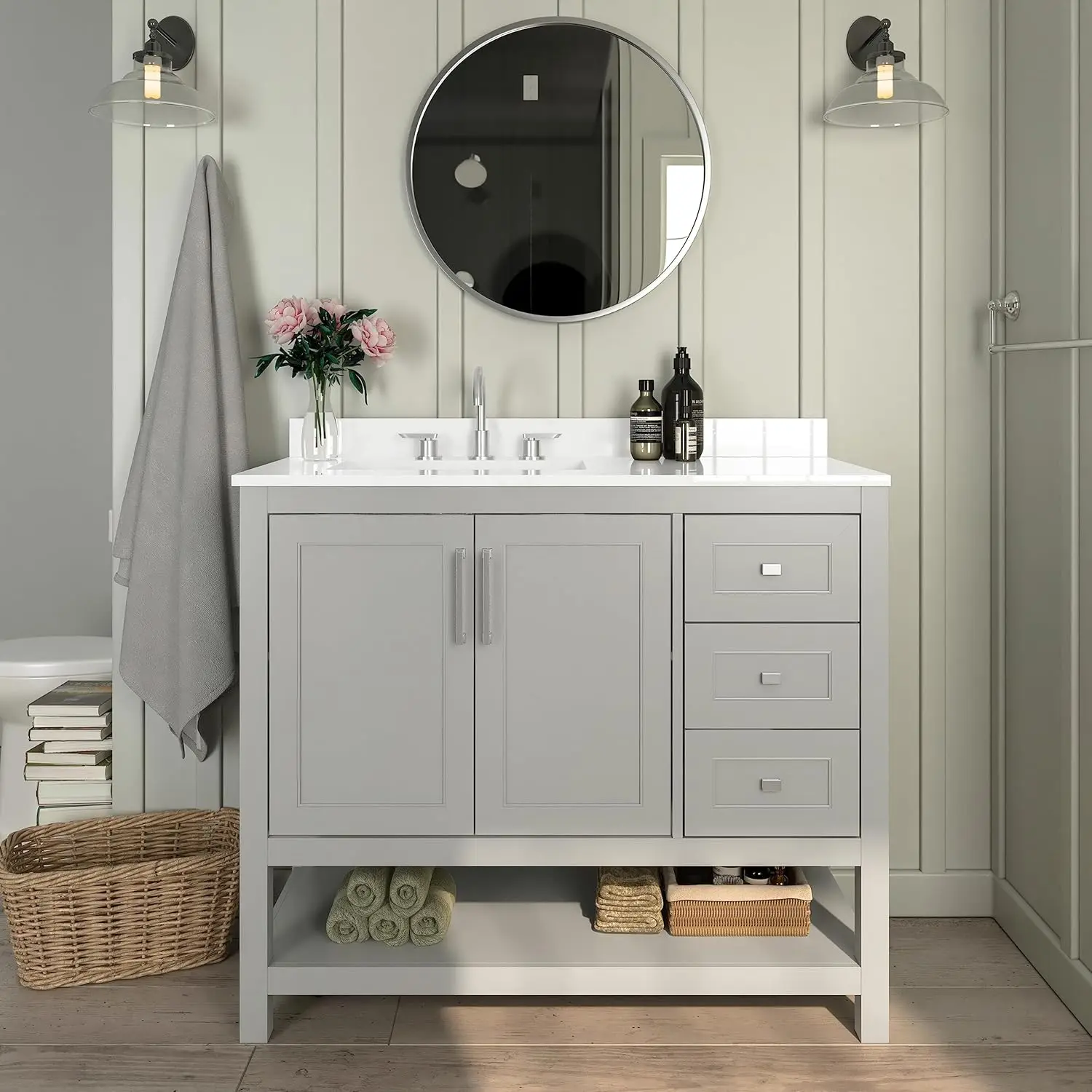 42in Single Sink Bathroom Vanity Cabinet Soft Close Doors Open Shelf 3 Drawers Marble Countertop Gray Customized
42in Single Sink Bathroom Vanity Cabinet Soft Close Doors Open Shelf 3 Drawers Marble Countertop Gray Customized