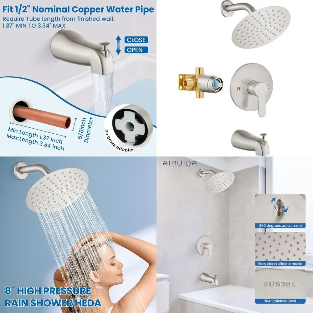 8 Brushed Nickel Shower Set with Tub Faucet, Handle, and 8 Round Head, Complete with Valve and Trim Kit
8 Brushed Nickel Shower Set with Tub Faucet, Handle, and 8 Round Head, Complete with Valve and Trim Kit