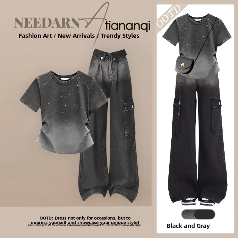 Summer New adient ey ort Sve Women's T-irt And Wide Leg Jeans Set Faionable Slimming Effect Casual Outfit
Summer New adient ey ort Sve Women's T-irt And Wide Leg Jeans Set Faionable Slimming Effect Casual Outfit