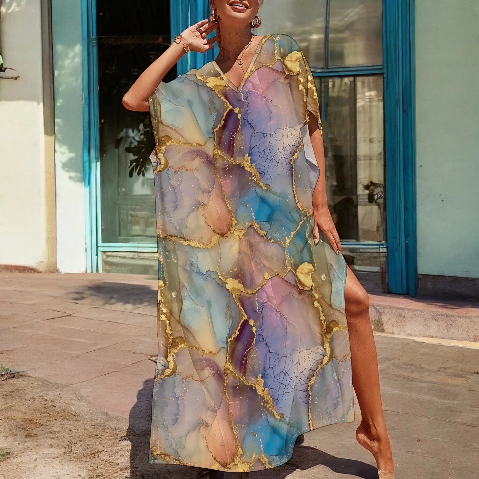 Abstract Mineral Print Kaftan Dress S-3XL Women's Boho Summer Robe with Blue & Gold Cracked Stone Pattern 2025 New
Abstract Mineral Print Kaftan Dress S-3XL Women's Boho Summer Robe with Blue & Gold Cracked Stone Pattern 2025 New