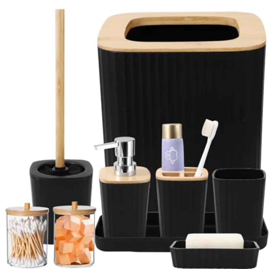 Black Bathroom Accessories Set, 9PCS Bathroom Accessory Set with Trash Can, Tray, Soap Dispenser, Toothbrush Holder, Toothbrush
Black Bathroom Accessories Set, 9PCS Bathroom Accessory Set with Trash Can, Tray, Soap Dispenser, Toothbrush Holder, Toothbrush