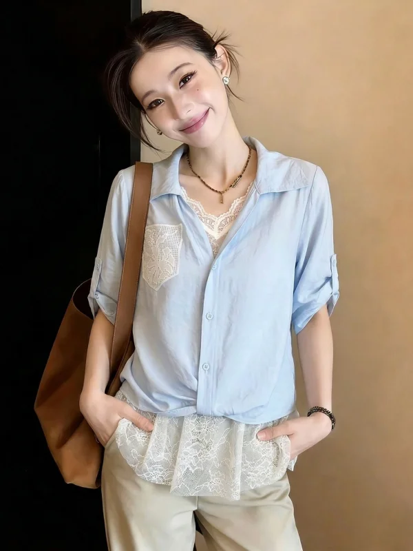 Light Blue V-Neck Short Sleeve Shirt Women's plus Size Summer New Style Commute Korean Loose Fit Button up Top
Light Blue V-Neck Short Sleeve Shirt Women's plus Size Summer New Style Commute Korean Loose Fit Button up Top