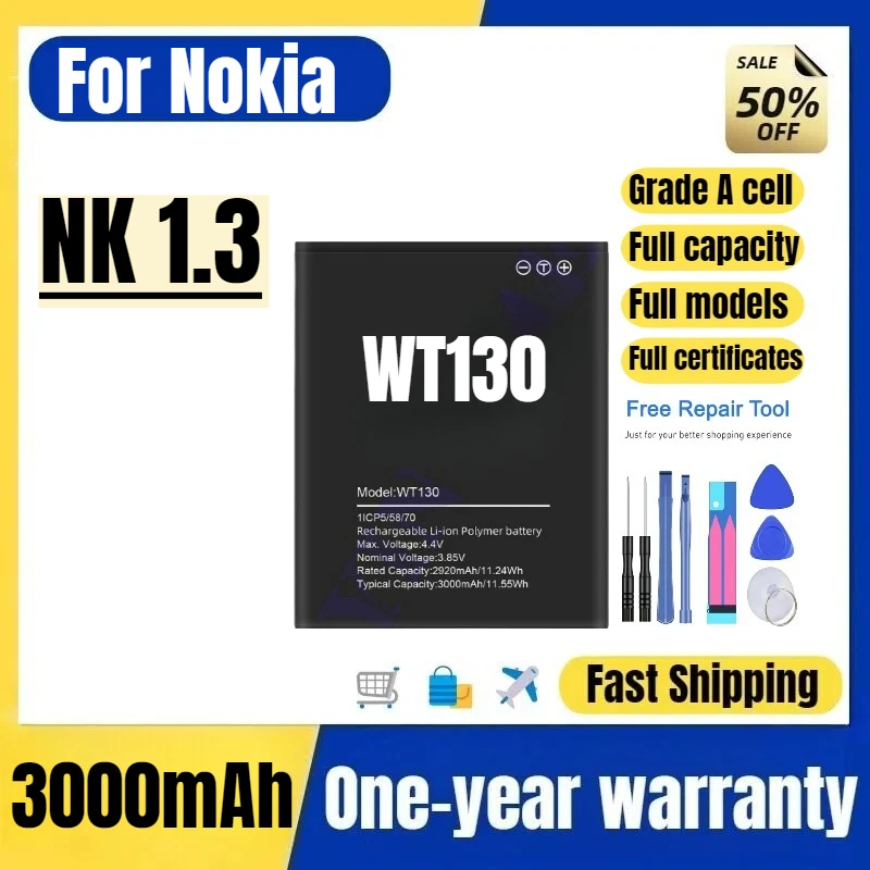 WT130 for Nokia NK 1.3 Mobile Phone Battery High Quality High Capacity Battery Replacement Bateria Grade A Cell with Tools
WT130 for Nokia NK 1.3 Mobile Phone Battery High Quality High Capacity Battery Replacement Bateria Grade A Cell with Tools