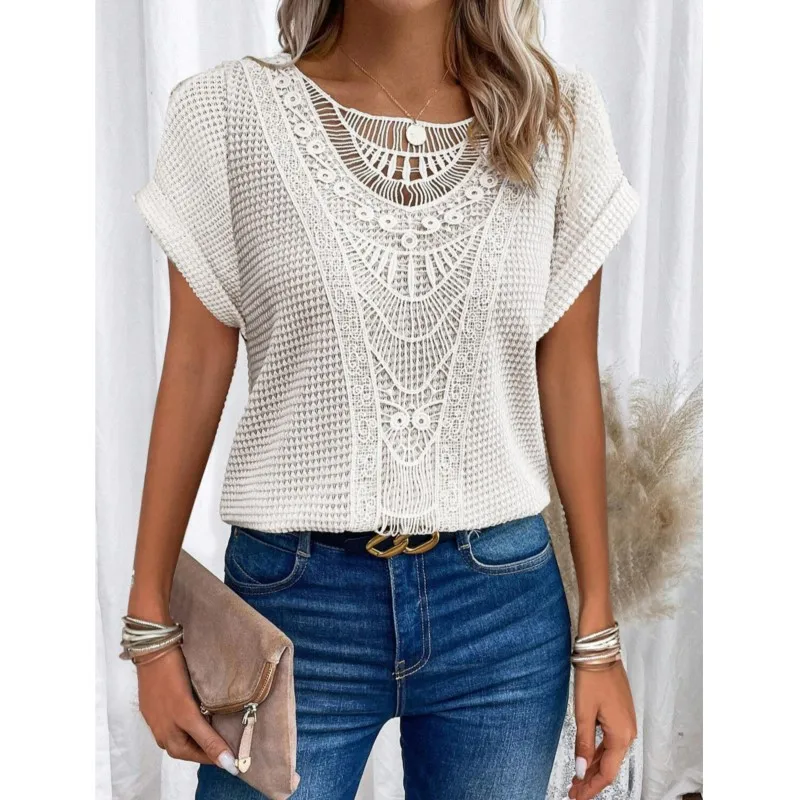 Fashion Lace Patchwork Hollow Out T-shirt For Women's Tops Summer Casual O Neck Office Ladies Clothes Short-sleeved Loose Shirt
Fashion Lace Patchwork Hollow Out T-shirt For Women's Tops Summer Casual O Neck Office Ladies Clothes Short-sleeved Loose Shirt