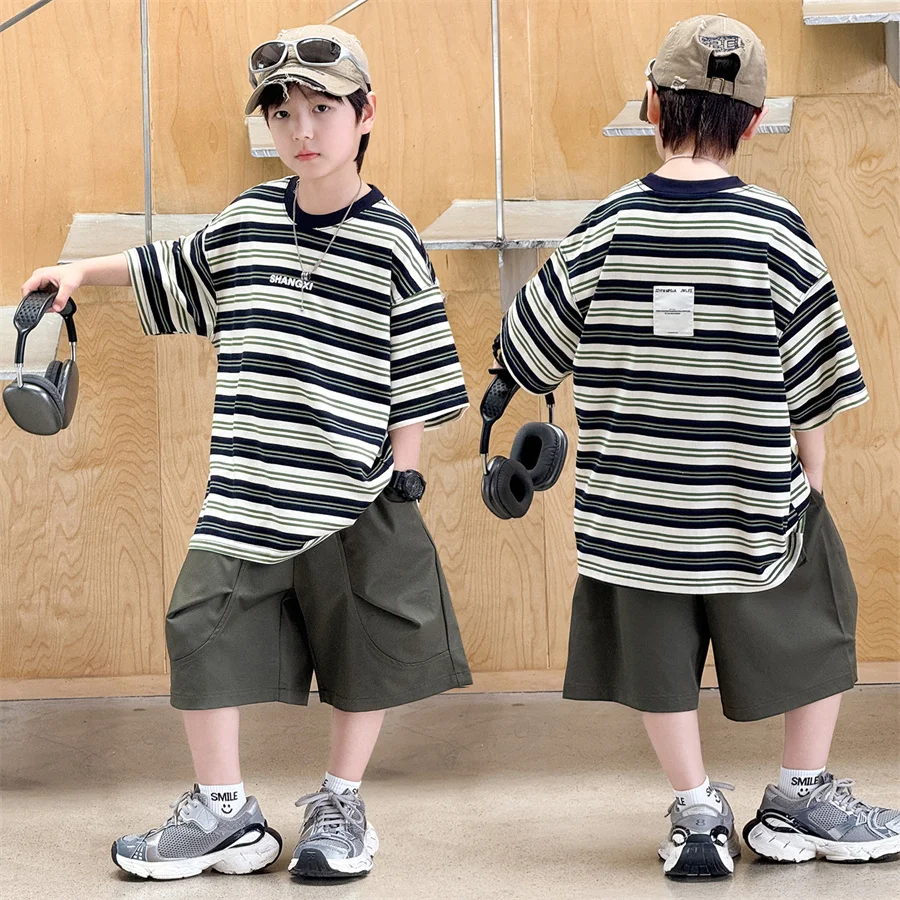 Korean Kids Striped Summer Suit for Boys Top and Bottom Set Children Cotton Short Sleeve T-shirt and Cargo Shorts Clothes Set
Korean Kids Striped Summer Suit for Boys Top and Bottom Set Children Cotton Short Sleeve T-shirt and Cargo Shorts Clothes Set