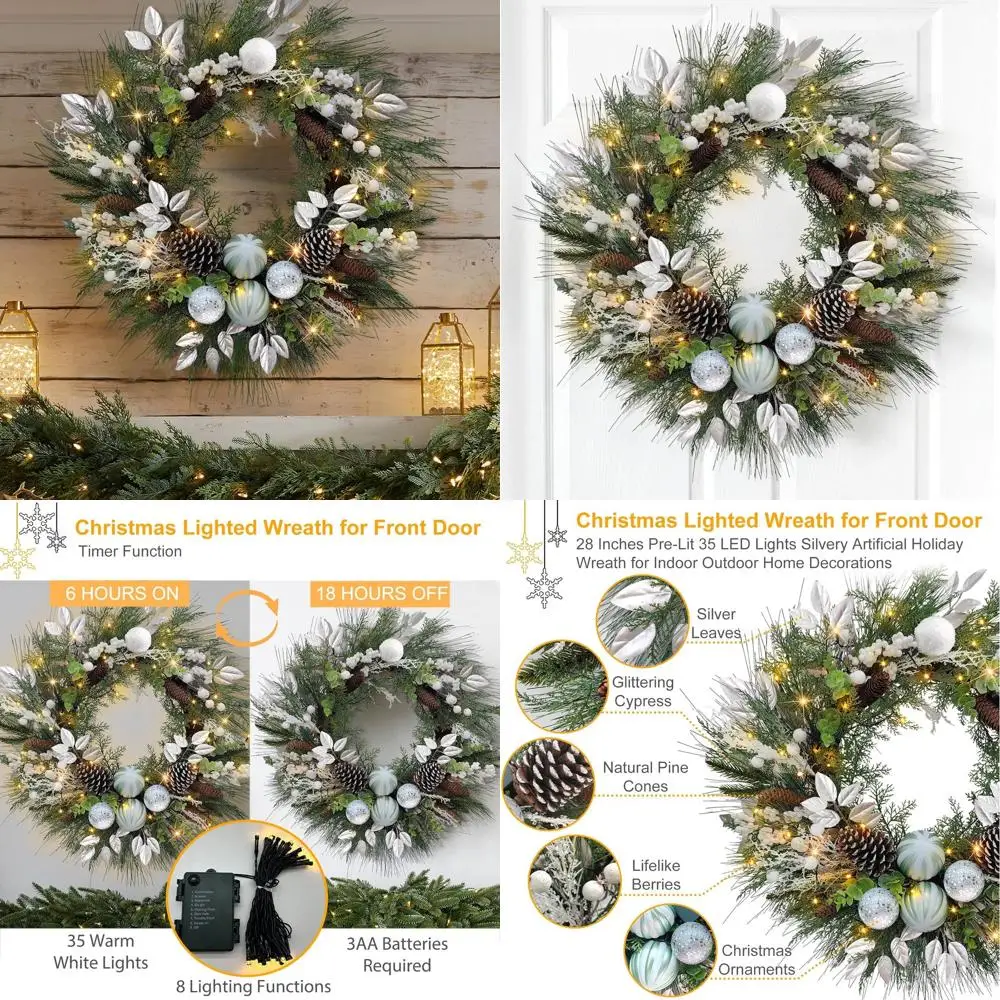 Battery-Powered LED Christmas Wreath, 35 Lights, Faux Greenery, Pine Cones, Silver Leaves, White Berries, Silver Ornaments
Battery-Powered LED Christmas Wreath, 35 Lights, Faux Greenery, Pine Cones, Silver Leaves, White Berries, Silver Ornaments