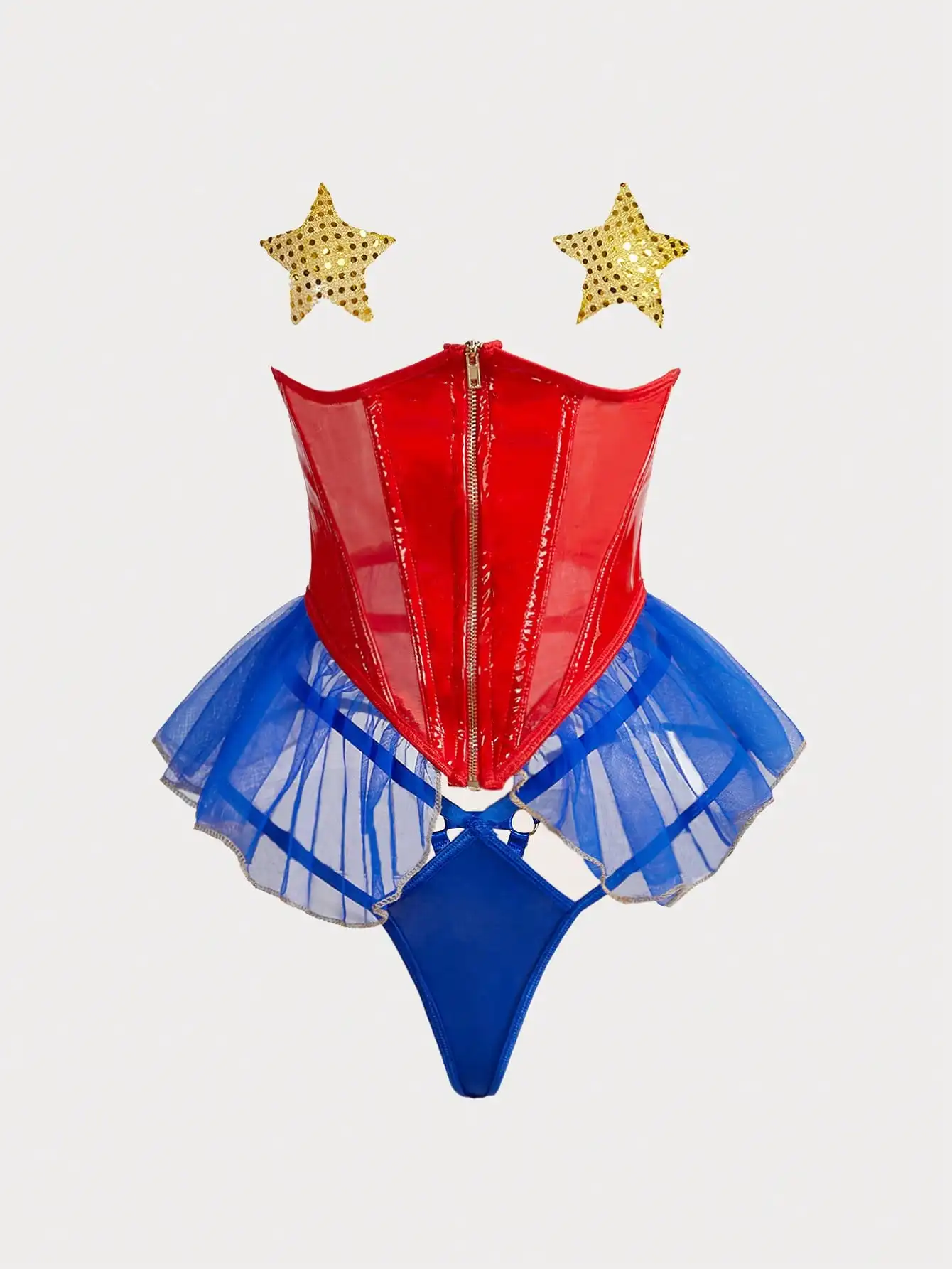 Red & Blue Sheer Corset Bodysuit with Tulle Skirt and Gold Star Accessories
Red & Blue Sheer Corset Bodysuit with Tulle Skirt and Gold Star Accessories
