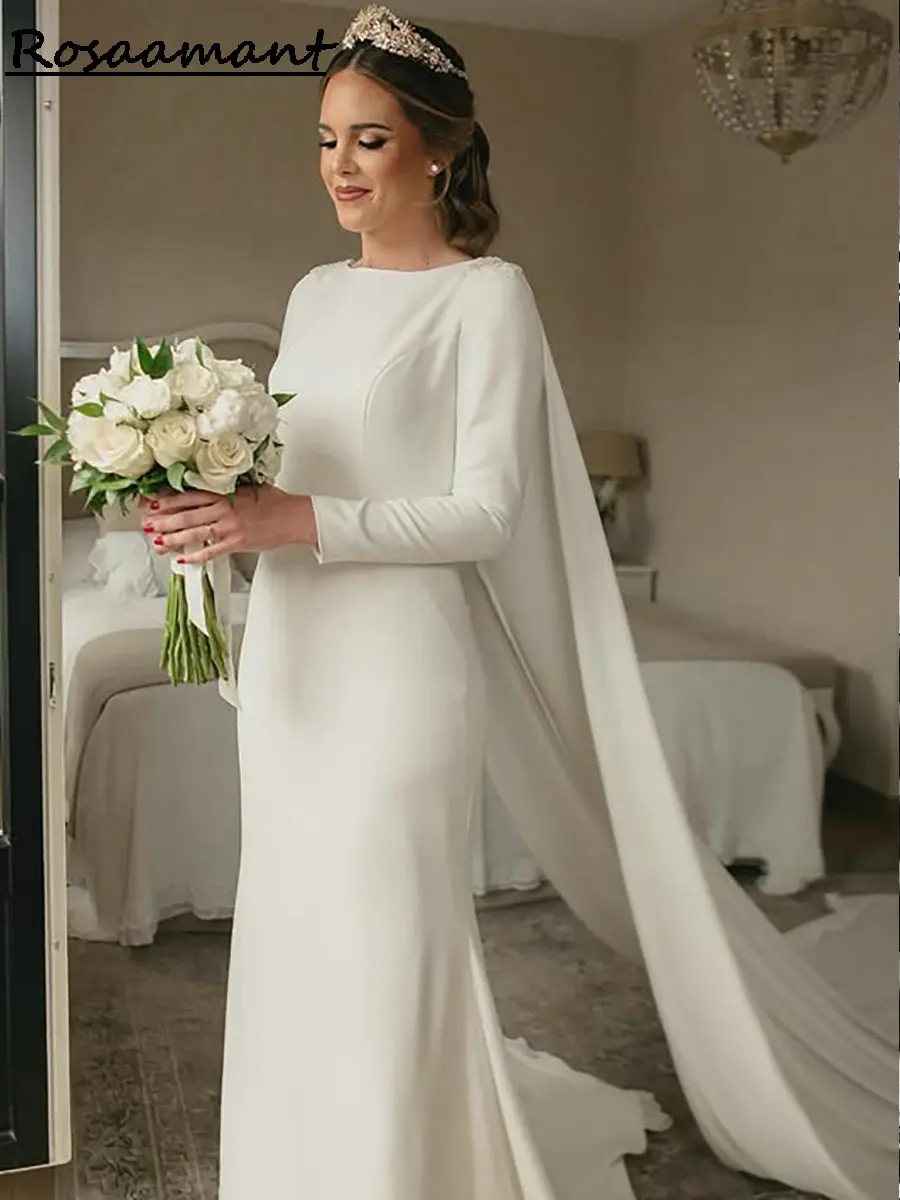 Simple Satin Long Sleeve Mermaid Wedding Dresses Detachable Cape Open Back Country Bridal Gowns
Simple Satin Long Sleeve Mermaid Wedding Dresses Detachable Cape Open Back Country Bridal Gowns