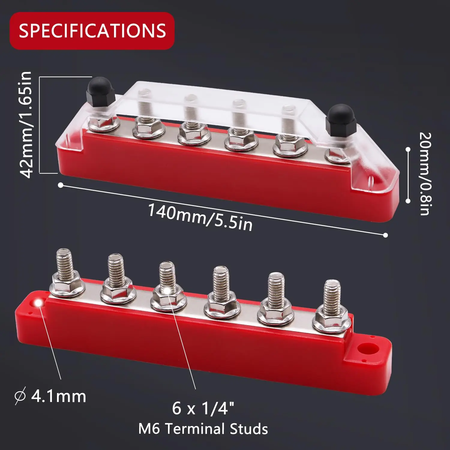 Battery Bus Bar 6 X 1/4Inch (M6) Terminal Studs 12V Power Distribution Block with Cover and Ring Terminals, Max 300V AC
Battery Bus Bar 6 X 1/4Inch (M6) Terminal Studs 12V Power Distribution Block with Cover and Ring Terminals, Max 300V AC