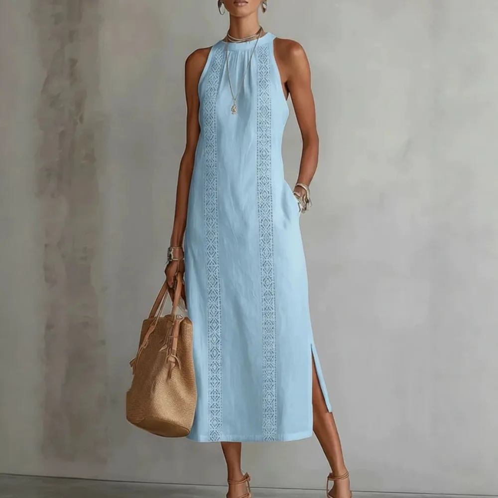 Fashionable and Minimalist Solid Color Lace Patchwork Sleeveless Slit Hanging Neck Style Commuter Women's Dress
Fashionable and Minimalist Solid Color Lace Patchwork Sleeveless Slit Hanging Neck Style Commuter Women's Dress