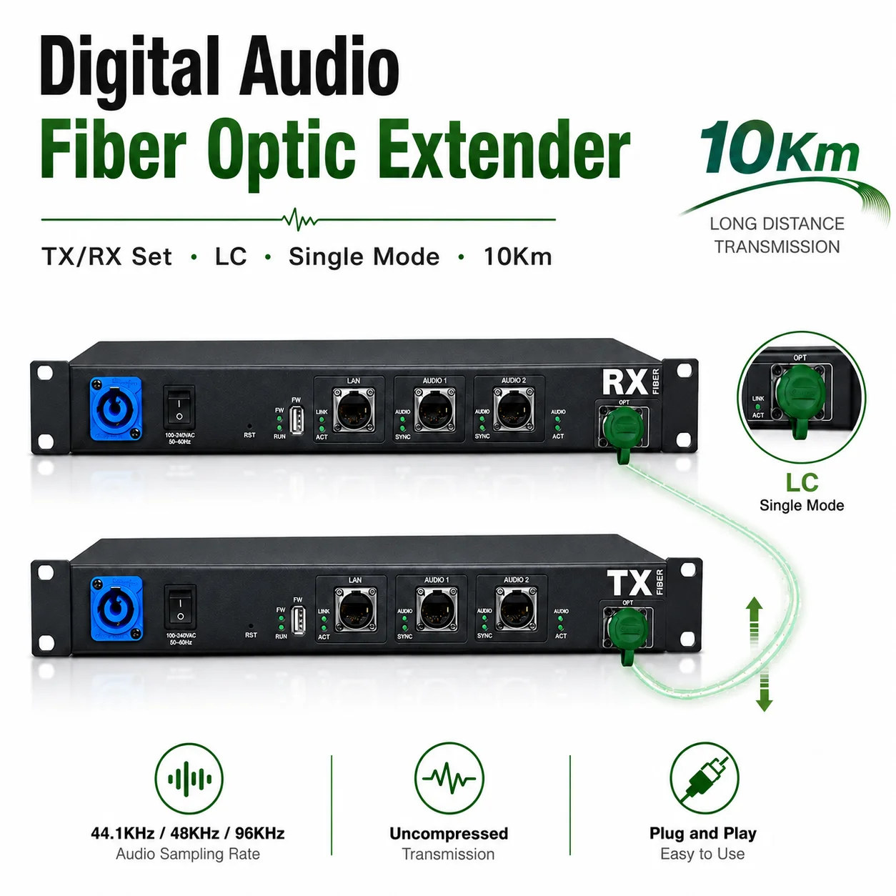Digital Audio Fiber Optic Extender Dual Port Single Mode LC 10Km Optical Transceiver for Professional Audio System
Digital Audio Fiber Optic Extender Dual Port Single Mode LC 10Km Optical Transceiver for Professional Audio System
