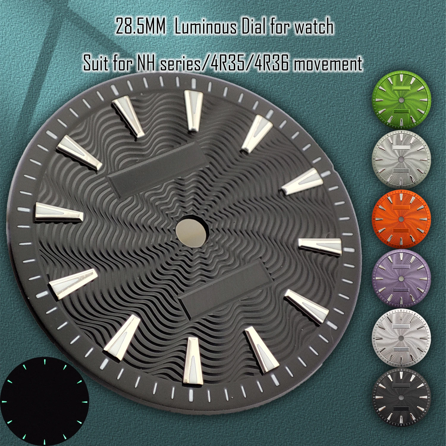28,5 мм NH35 циферблат, светящийся циферблат, текстурированный стиль, подходит для NH Series/4R35/4R36/PT5000, механизм, оптовая продажа, аксессуары для ремонта, циферблат часов
28,5 мм NH35 циферблат, светящийся циферблат, текстурированный стиль, подходит для NH Series/4R35/4R36/PT5000, механизм, оптовая продажа, аксессуары для ремонта, циферблат часов