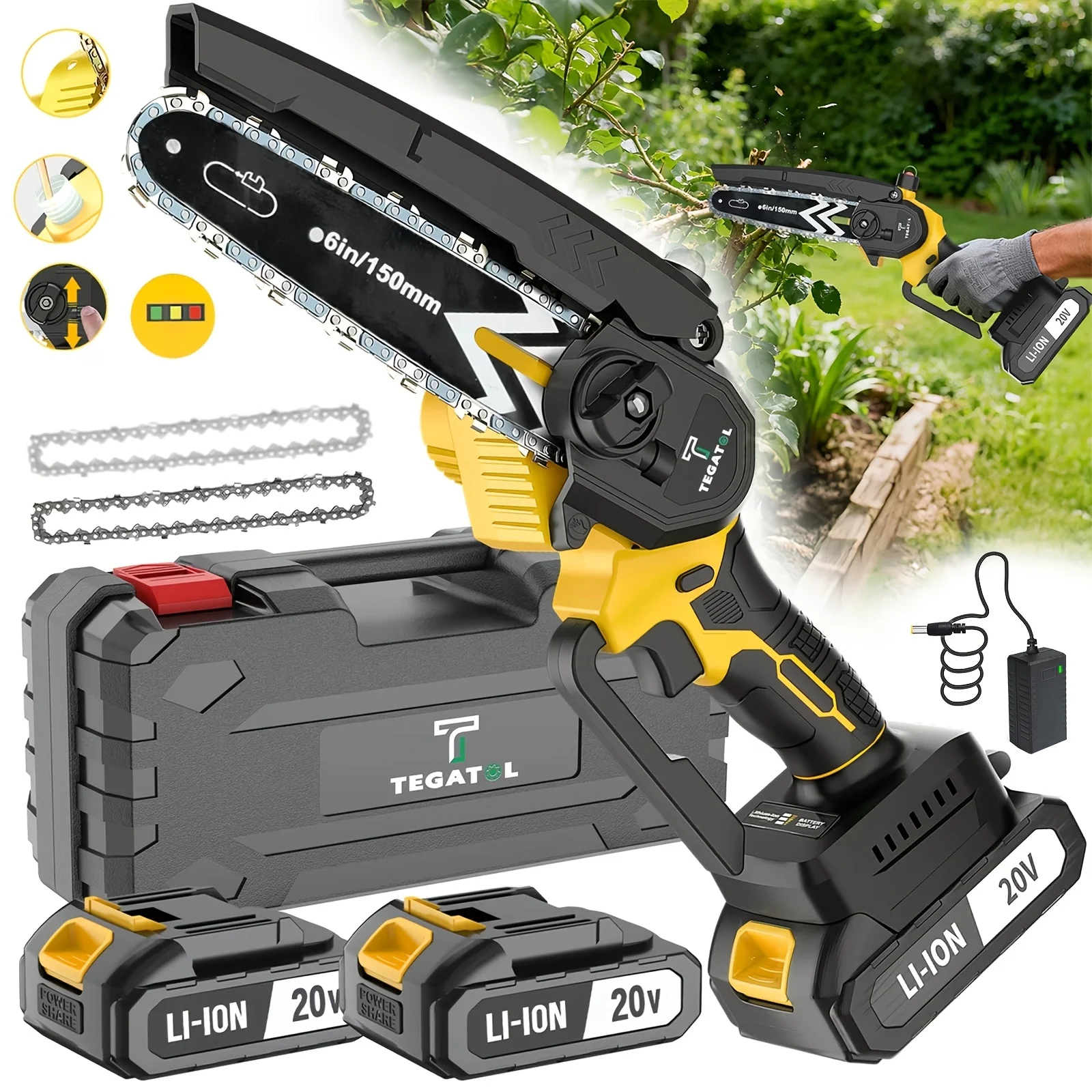 20V Mini Cordless ChainSaw, Lightweight Handheld 6-inch Pruning ChainSaw, Chain Tightness Adjustment, Security Lock, Splash Guard, Equipped with 1 Or 2 Rechargeable Battery, Chains & Box, Suitable for Outdoor and Garden Pruning, Men's Gift, Best Gift
20V Mini Cordless ChainSaw, Lightweight Handheld 6-inch Pruning ChainSaw, Chain Tightness Adjustment, Security Lock, Splash Guard, Equipped with 1 Or 2 Rechargeable Battery, Chains & Box, Suitable for Outdoor and Garden Pruning, Men's Gift, Best Gift