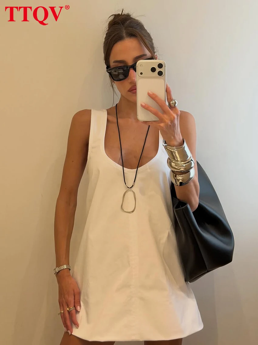 TTQV Fashion Loose White Cotton Women's Dress 2026 Summer U-Neck Sleeveless Mini Dresses Elegant Classic Solid Female Dress
TTQV Fashion Loose White Cotton Women's Dress 2026 Summer U-Neck Sleeveless Mini Dresses Elegant Classic Solid Female Dress