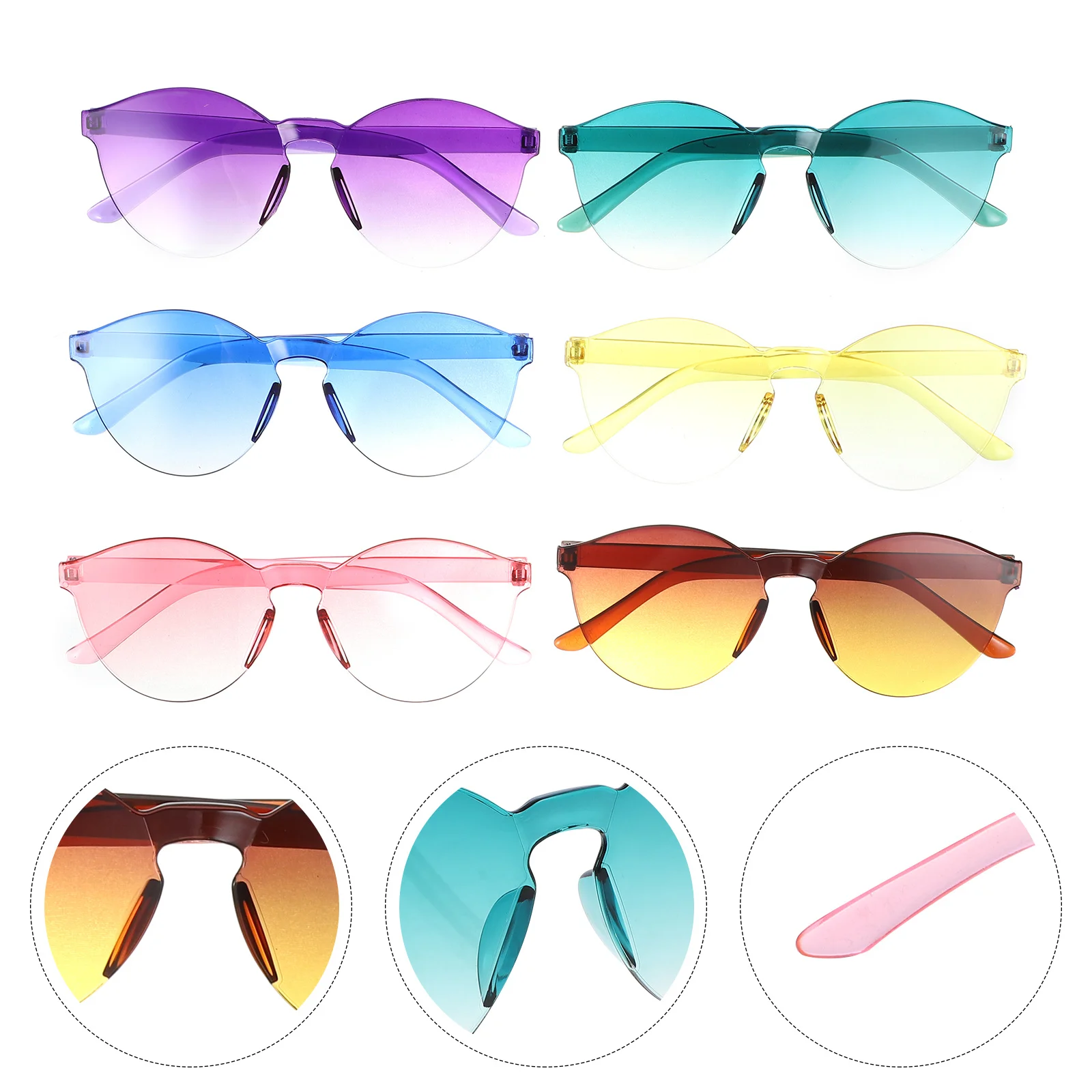 6Pcs Summer Sunglasses Gradient Lens Rimless Design Fashion Unisex Shades for Vacation Street Photo Festival Daily Wear
6Pcs Summer Sunglasses Gradient Lens Rimless Design Fashion Unisex Shades for Vacation Street Photo Festival Daily Wear