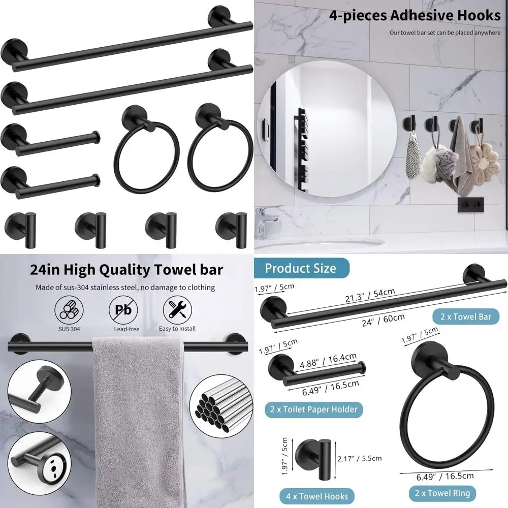 Bathroom Hardware Set: 10-Piece Wall Mounted Accessories with Towel Racks, Toilet Paper Holder, and Hooks for Bath Towels
Bathroom Hardware Set: 10-Piece Wall Mounted Accessories with Towel Racks, Toilet Paper Holder, and Hooks for Bath Towels