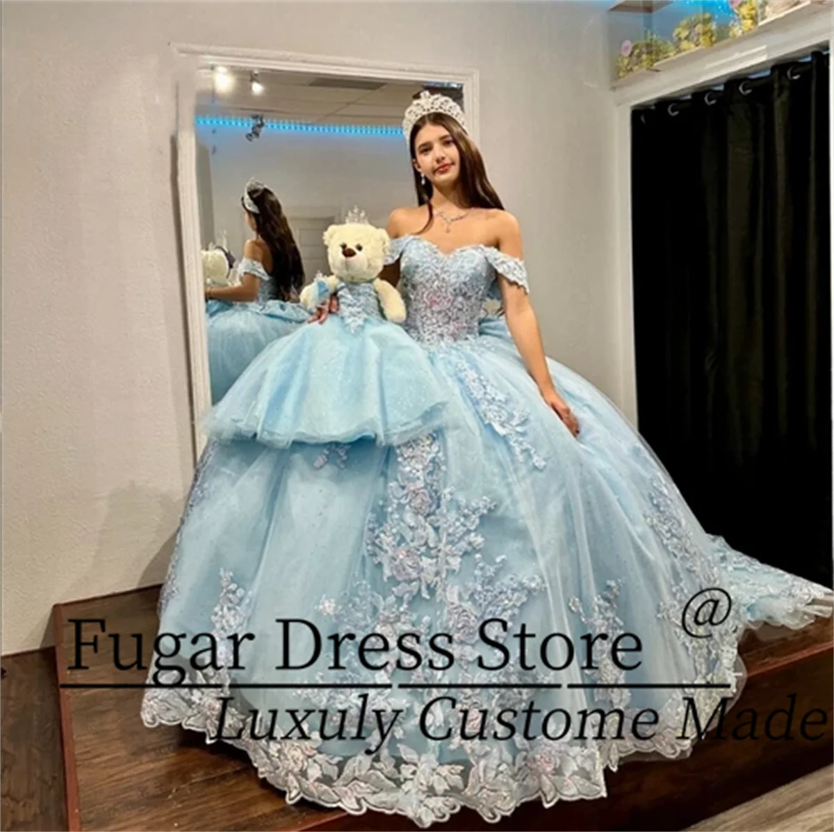 Элегантные небесно-голубые платья принцессы Quinceanera по индивидуальному заказу, сексуальные бальные платья с открытыми плечами и 3D цветами, милые платья de 15, quinceañera 
Элегантные небесно-голубые платья принцессы Quinceanera по индивидуальному заказу, сексуальные бальные платья с открытыми плечами и 3D цветами, милые платья de 15, quinceañera