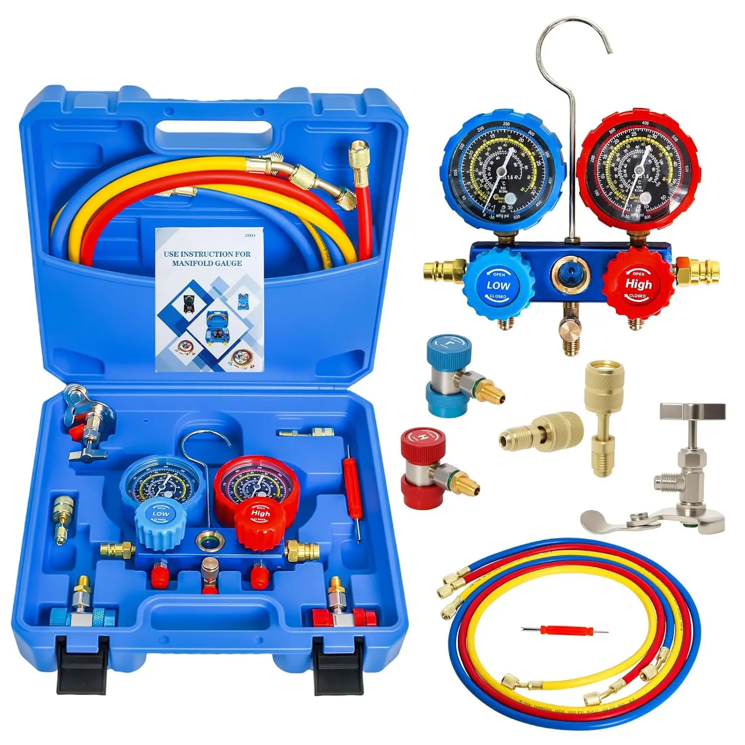 AC Manifold Gauge Set for R134a R12 R22 R502, 3-Way with Hoses, Adapters, Can Tap - MCCKLE