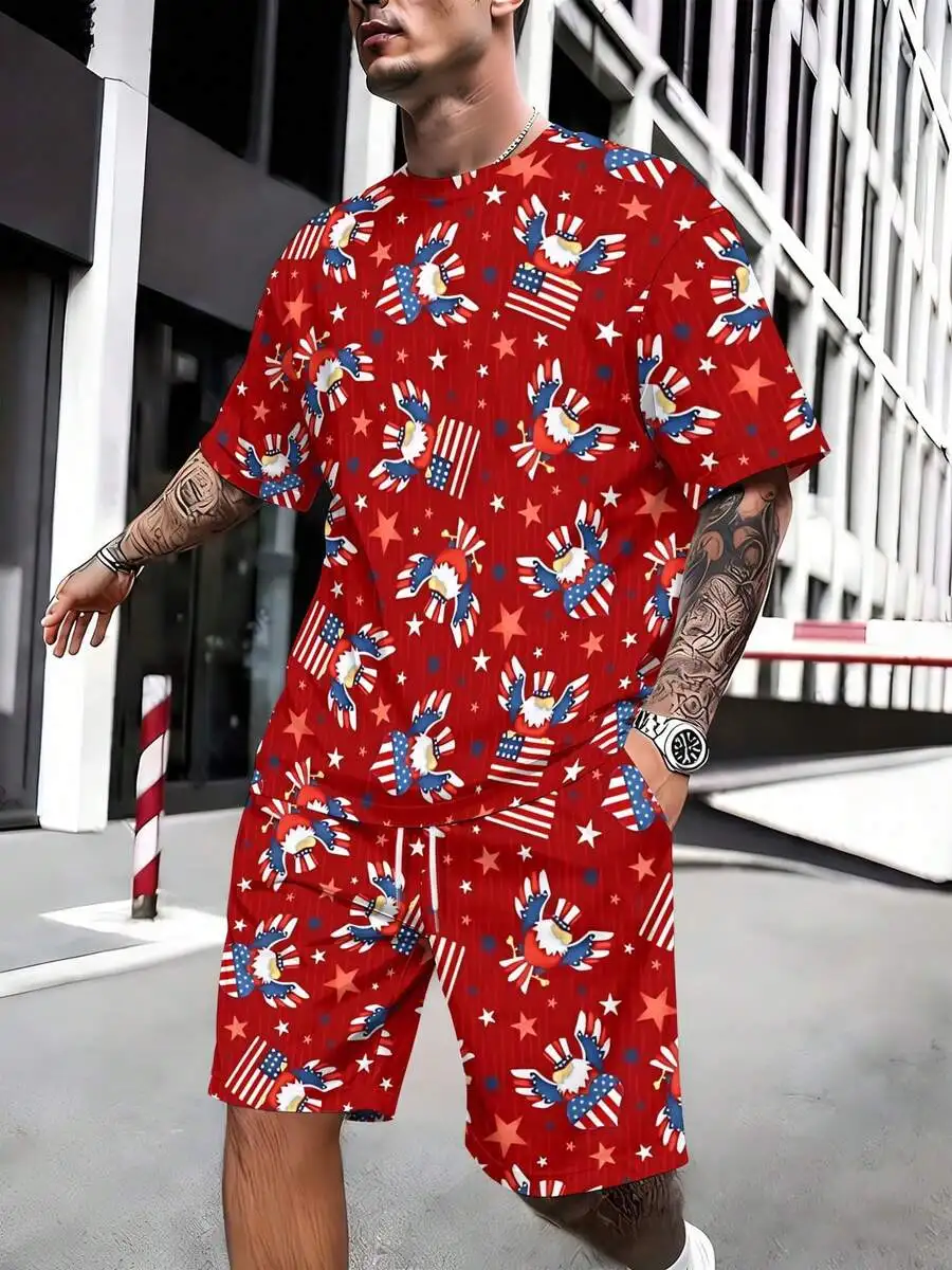 Mens Red Eagle And Flag Print Loose Fit Summer Two Piece Set
Mens Red Eagle And Flag Print Loose Fit Summer Two Piece Set