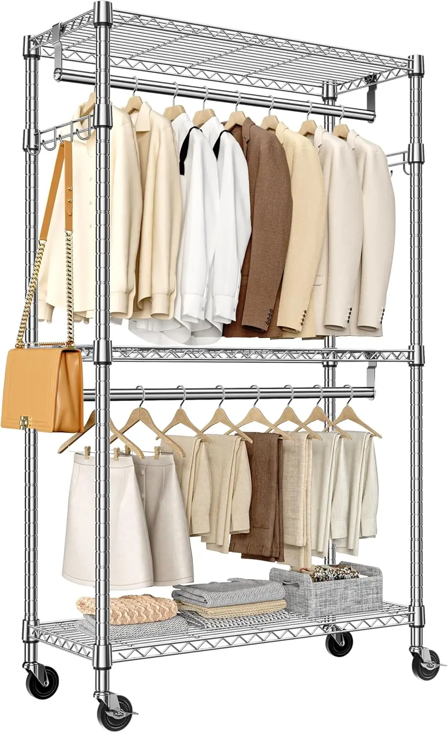 Heavy Duty Rolling Garment Rack 3 Tiers Adjustable Wire Shelving Clothes Rack with 2 Rods and Side Hooks,Storage Closet Cloth
Heavy Duty Rolling Garment Rack 3 Tiers Adjustable Wire Shelving Clothes Rack with 2 Rods and Side Hooks,Storage Closet Cloth