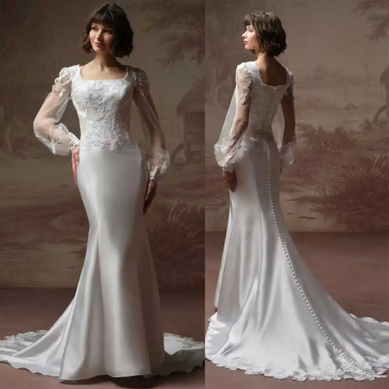 Elegant Mermaid Evening Dress Satin Square-neck Long Sleeve Short Train Party Prom Wedding Dress Customized
Elegant Mermaid Evening Dress Satin Square-neck Long Sleeve Short Train Party Prom Wedding Dress Customized