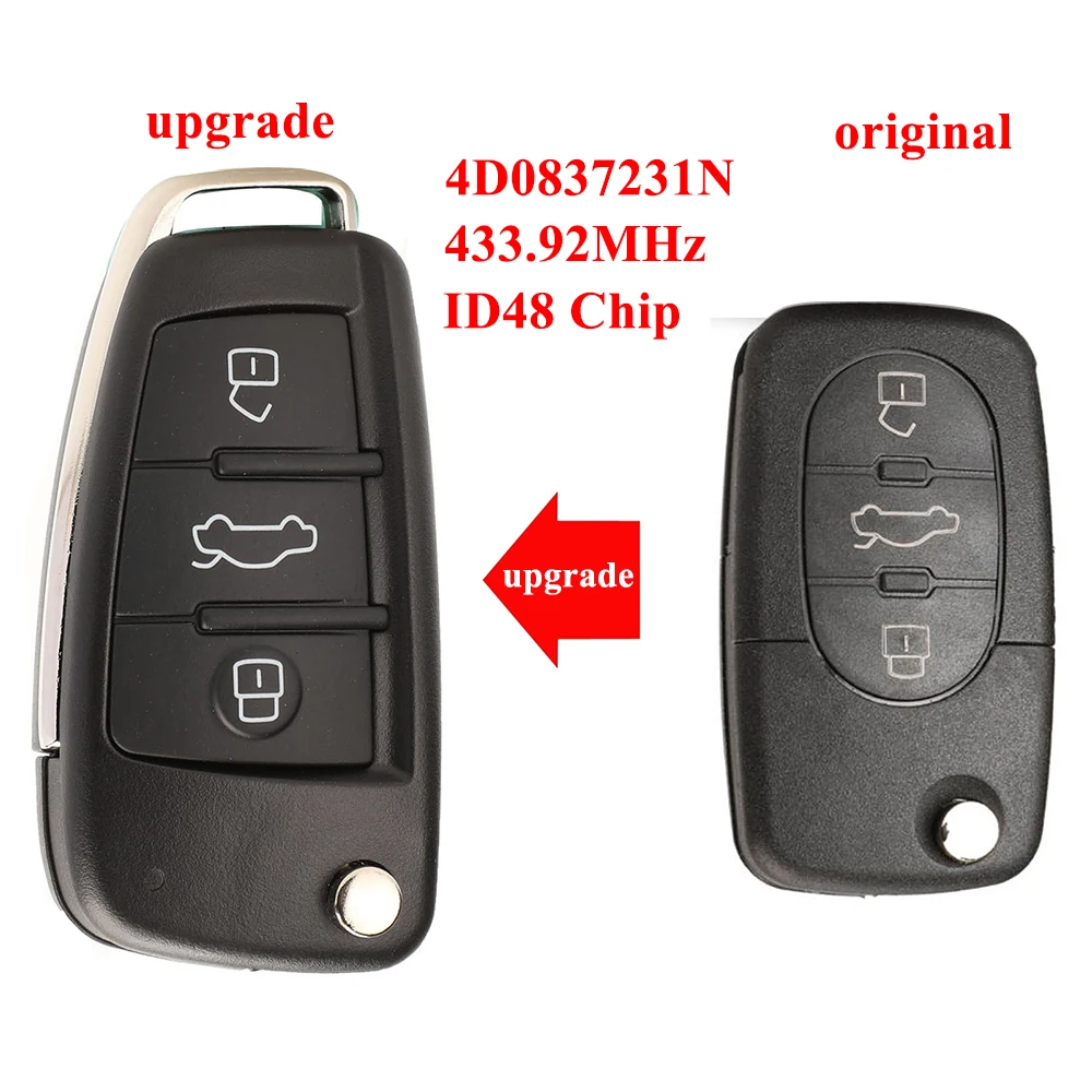 jingyuqin New Arrival Remote Car Key For AUDI A3 A4 A6 A8 RS4 TT Allroad Quttro Control 433.92MHz ID48 4D0837231N
jingyuqin New Arrival Remote Car Key For AUDI A3 A4 A6 A8 RS4 TT Allroad Quttro Control 433.92MHz ID48 4D0837231N