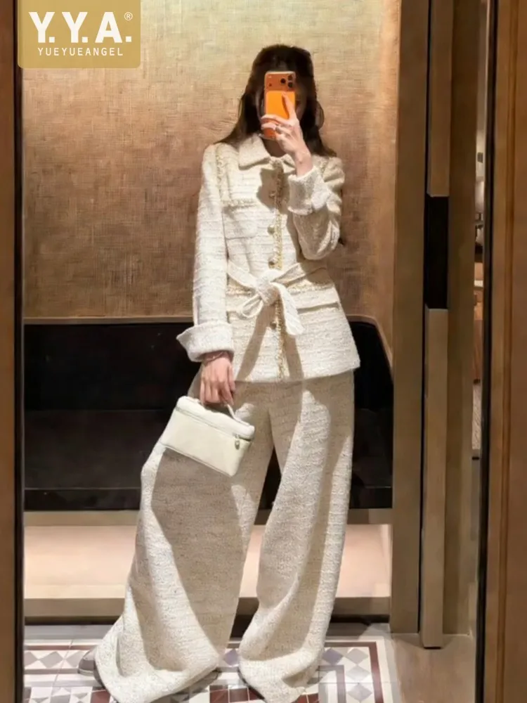 Korean Style Ladies Belt Tweed Single Breasted Long Sleeves Coat Wide Leg Pants Two Piece Set Work Women Straight Long Pant Sets
Korean Style Ladies Belt Tweed Single Breasted Long Sleeves Coat Wide Leg Pants Two Piece Set Work Women Straight Long Pant Sets