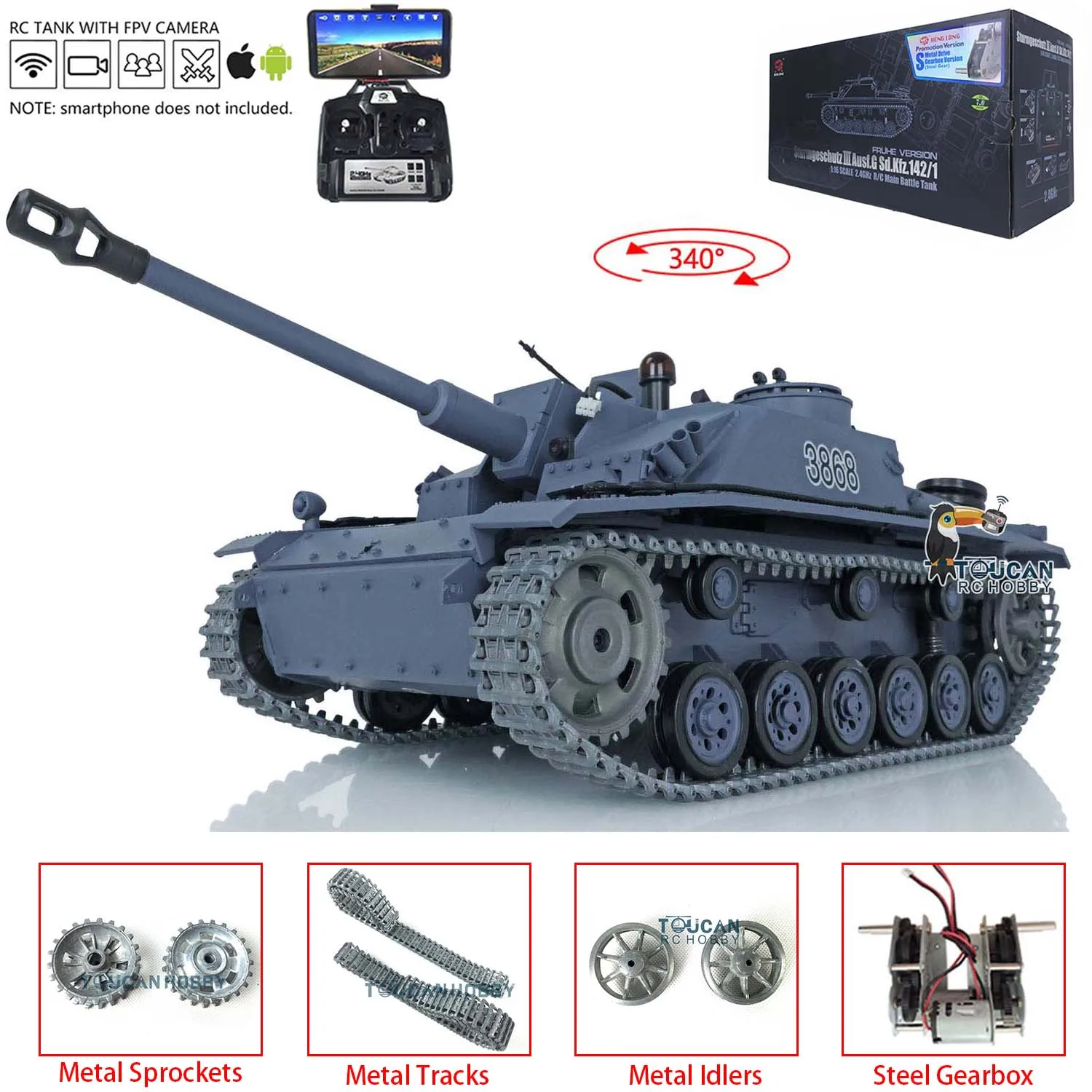 Heng Long 7.0 Модернизированный FPV масштаб 1/16 Немецкий Stug III RTR Модель танка с дистанционным управлением Игрушки 3868 Металлические гусеницы Колеса TH17422-SMT7
Heng Long 7.0 Модернизированный FPV масштаб 1/16 Немецкий Stug III RTR Модель танка с дистанционным управлением Игрушки 3868 Металлические гусеницы Колеса TH17422-SMT7