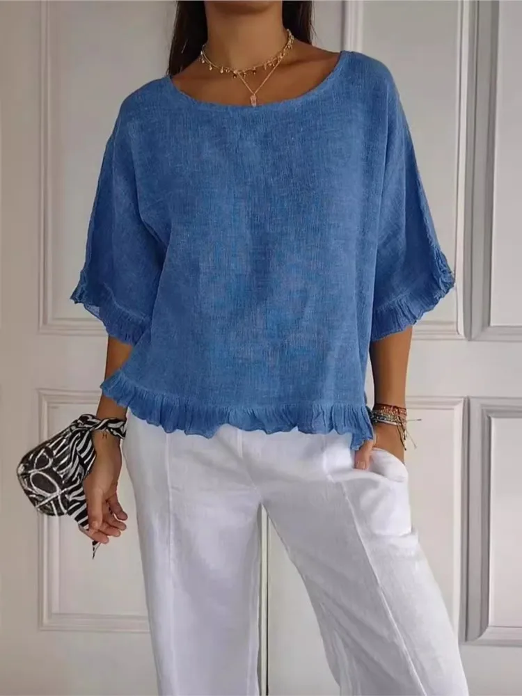 Women's Top Solid Color Round Neck Comfortable Ruffled Versatile Loose T shirt Casual Commuting Holiday Party Shirt Summer Y2K
Women's Top Solid Color Round Neck Comfortable Ruffled Versatile Loose T shirt Casual Commuting Holiday Party Shirt Summer Y2K