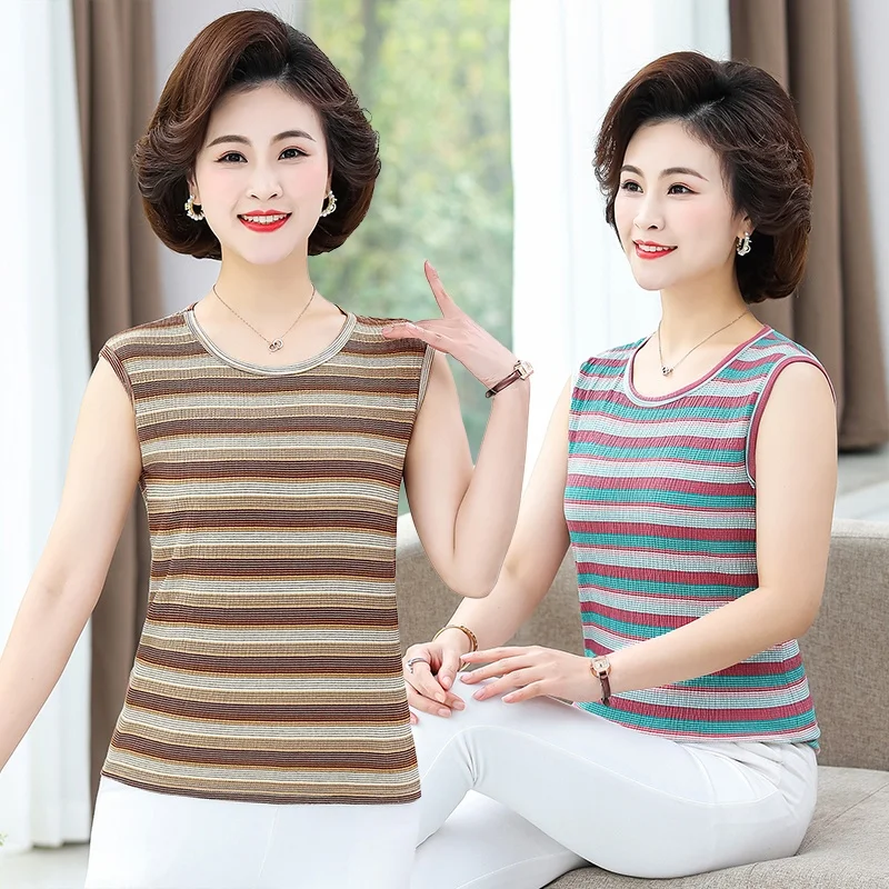 Pure Cotton Striped Vest Svel round Ne Summer Casual Mom's Faion Top Polyester Cotton Blend Loose Fit
Pure Cotton Striped Vest Svel round Ne Summer Casual Mom's Faion Top Polyester Cotton Blend Loose Fit