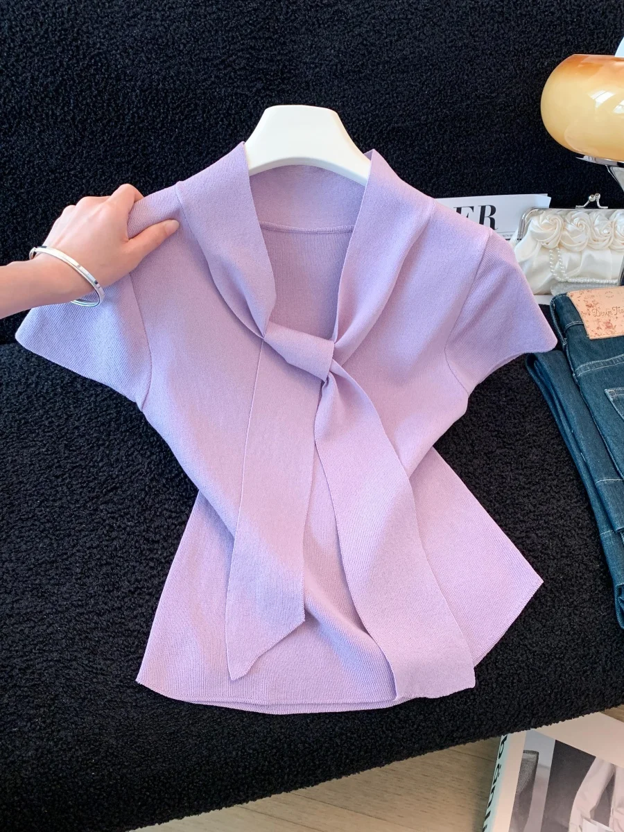 Korean Fashion Purple Knot Knitted T-Shirt Women's Summer Slim Fit Short Sleeve Top Design Sensation Market Body Shaping
Korean Fashion Purple Knot Knitted T-Shirt Women's Summer Slim Fit Short Sleeve Top Design Sensation Market Body Shaping