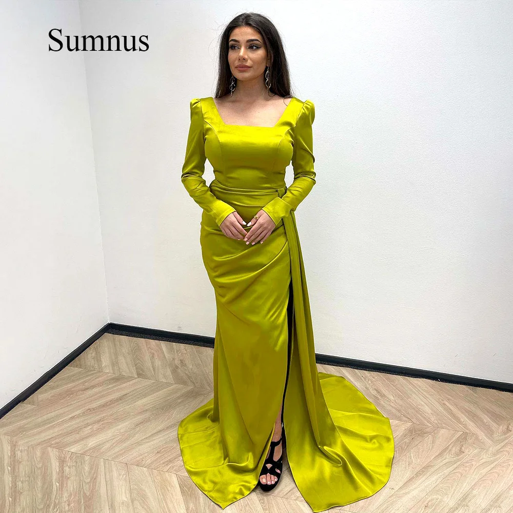 Sumnus Gold Satin Long Sleeve Meramid Evening Dresses Square Neck Side Split Elegant Saudi Arabia Wedding Party Gowns with Train
Sumnus Gold Satin Long Sleeve Meramid Evening Dresses Square Neck Side Split Elegant Saudi Arabia Wedding Party Gowns with Train