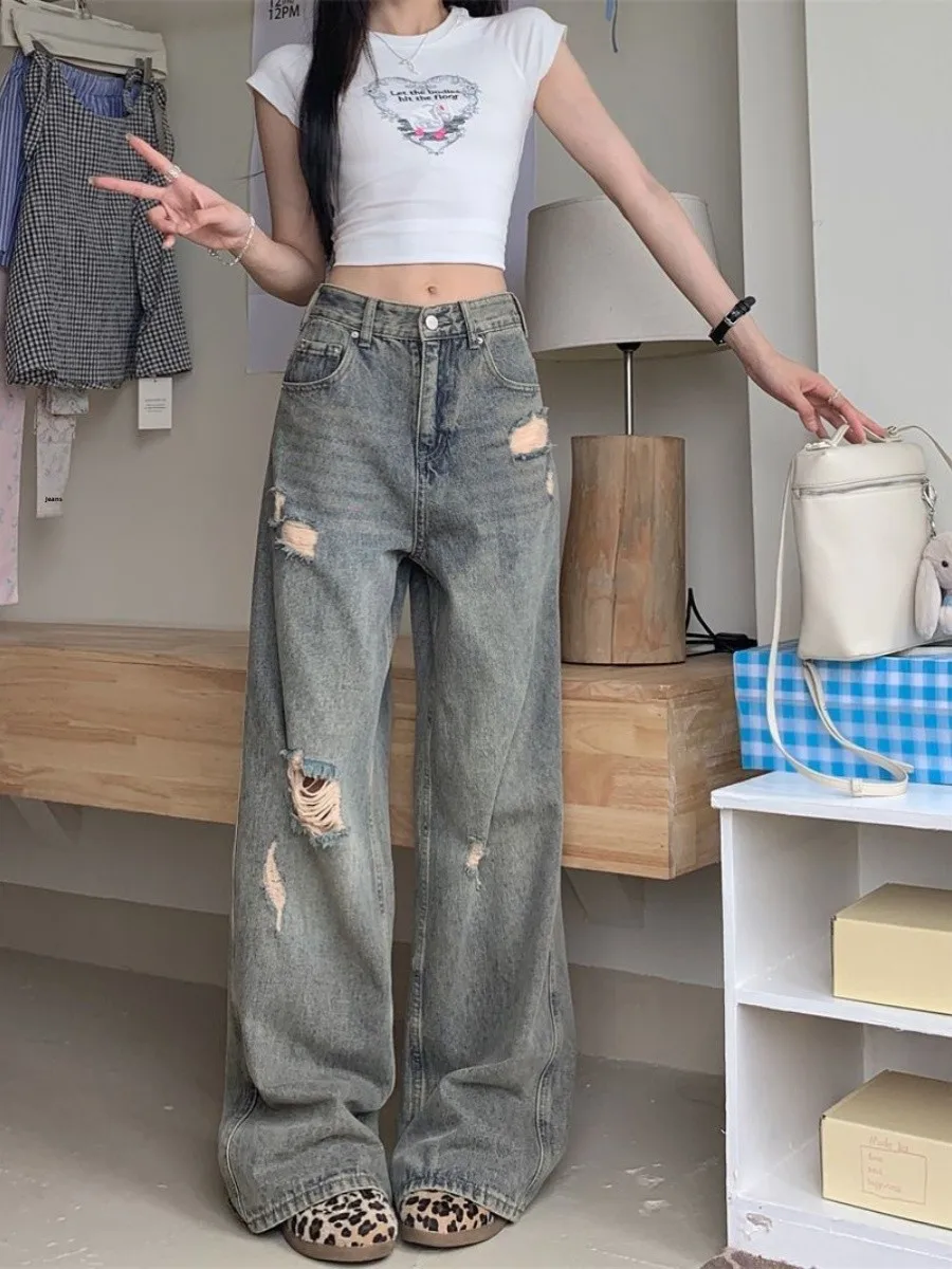 American Retro Hole Wide Leg Denim Jeans Women's Small Size High Waist Slim Loose Irregular Hem Straight Long Pants
American Retro Hole Wide Leg Denim Jeans Women's Small Size High Waist Slim Loose Irregular Hem Straight Long Pants