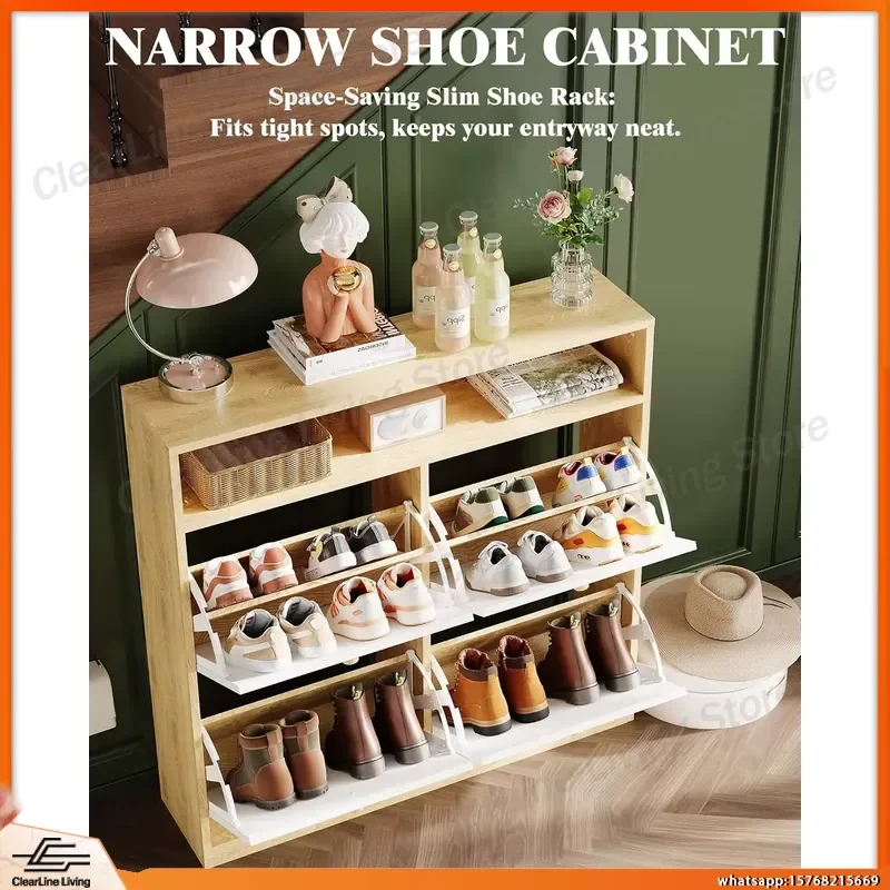 Narrow Shoe Cabinet with 4 Flip Drawers and Open Shelf Wooden Freestanding Shoes Organizer Storage Unit for Entryway Hallway
Narrow Shoe Cabinet with 4 Flip Drawers and Open Shelf Wooden Freestanding Shoes Organizer Storage Unit for Entryway Hallway