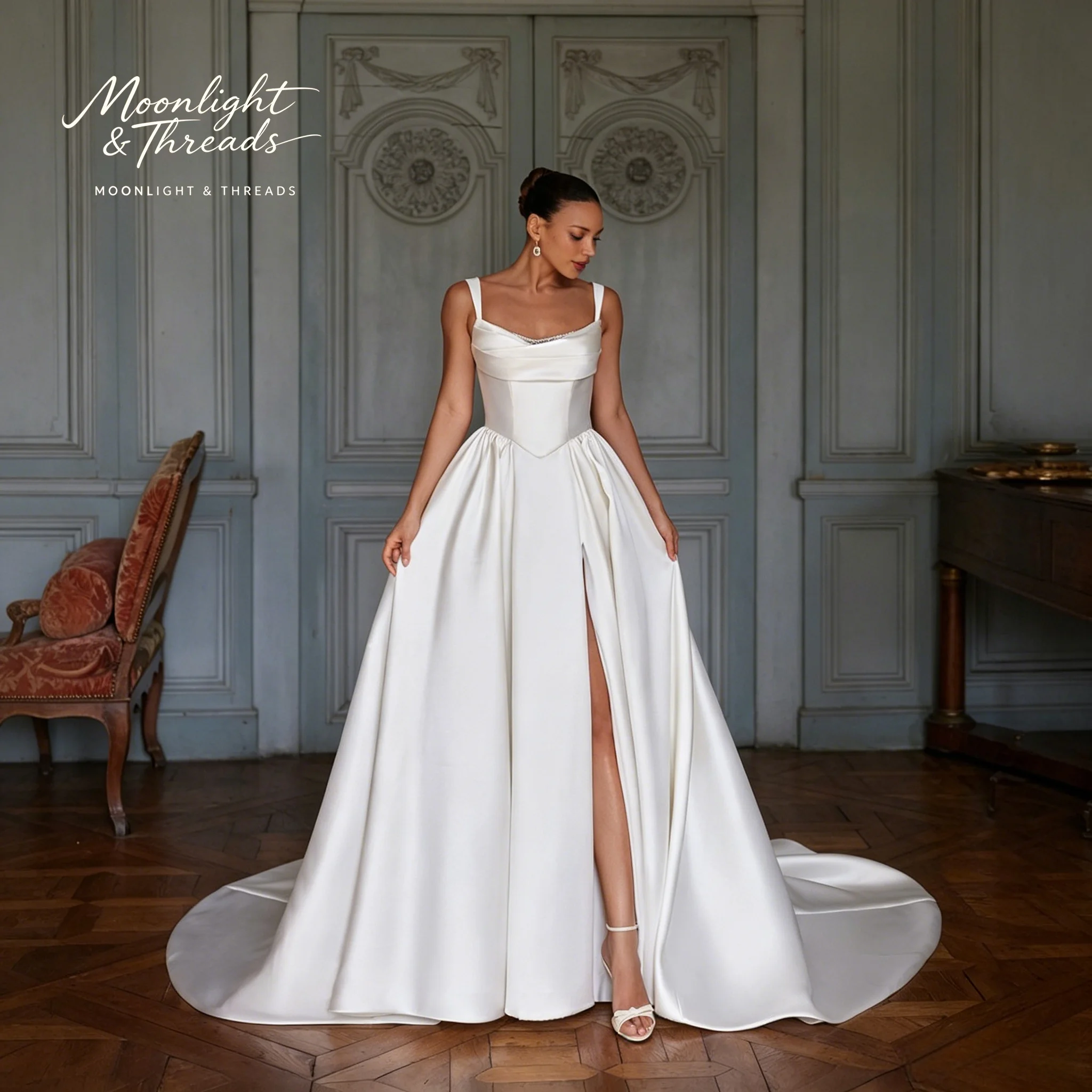 Elegant Ivory Satin Strapless Puff Ball Gown with Slit Floor-Length Formal Wedding Dress
Elegant Ivory Satin Strapless Puff Ball Gown with Slit Floor-Length Formal Wedding Dress
