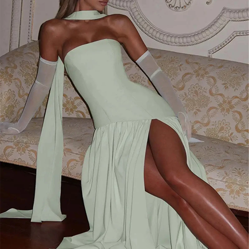 Solid Color Scarf Collar Strapless Party Dress Women New High Slit Backless Spliced Pleated Robes Female Summer Party Prom Gowns
Solid Color Scarf Collar Strapless Party Dress Women New High Slit Backless Spliced Pleated Robes Female Summer Party Prom Gowns