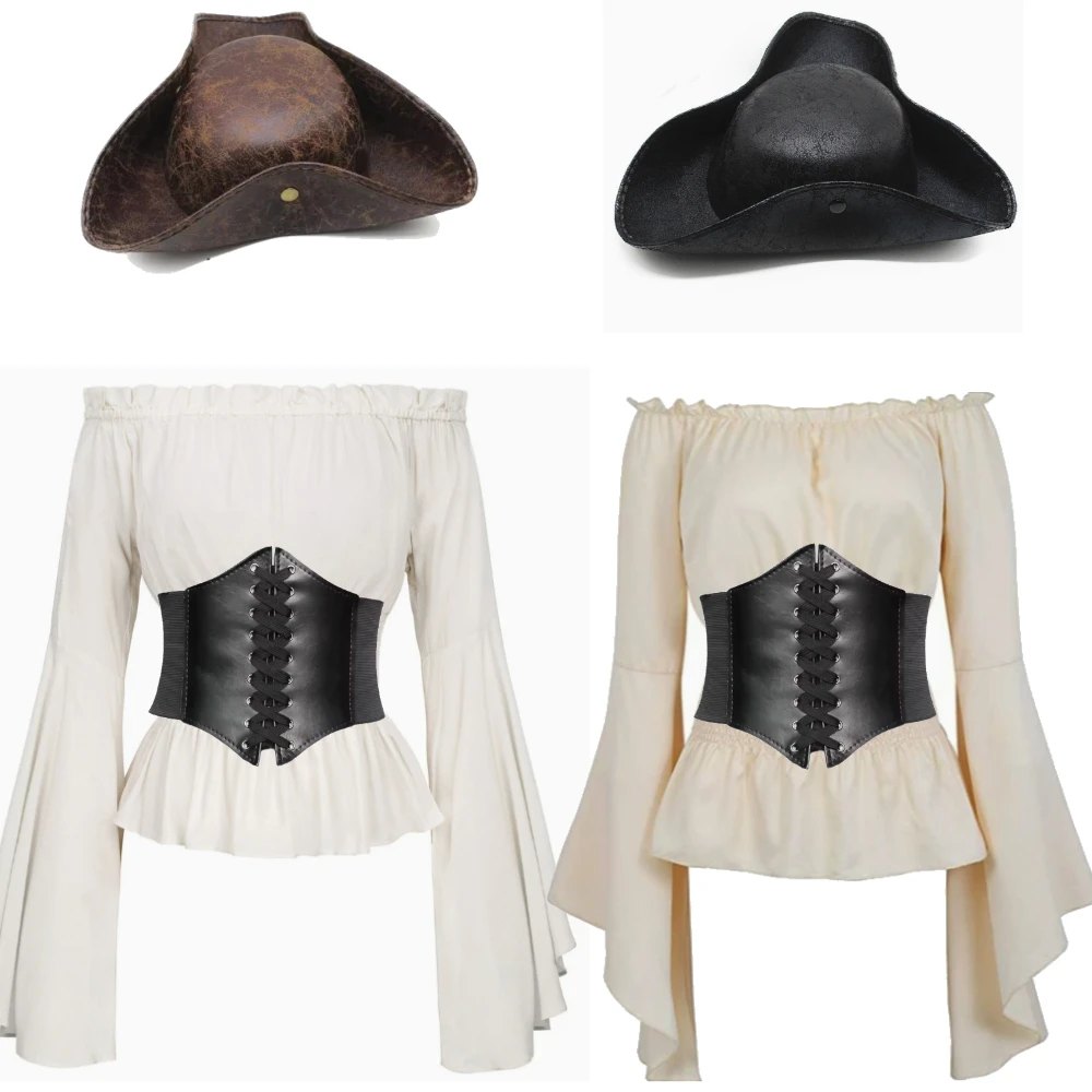 Women Renaissance Blouse Tops Corset Waist Medieval Shoulder Long Sleeve Shirt Wide Brim Pirate Hat Pirate Cosplay Costumes
Women Renaissance Blouse Tops Corset Waist Medieval Shoulder Long Sleeve Shirt Wide Brim Pirate Hat Pirate Cosplay Costumes