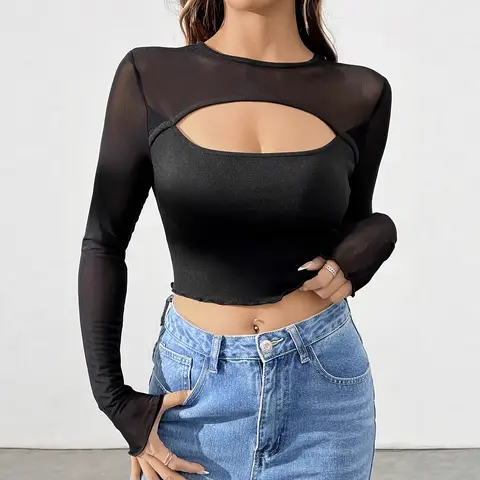 European American New Sexy Front Chest Hollow Mesh Spliced   long Sleeve Short T-shirt Slim Top for Women