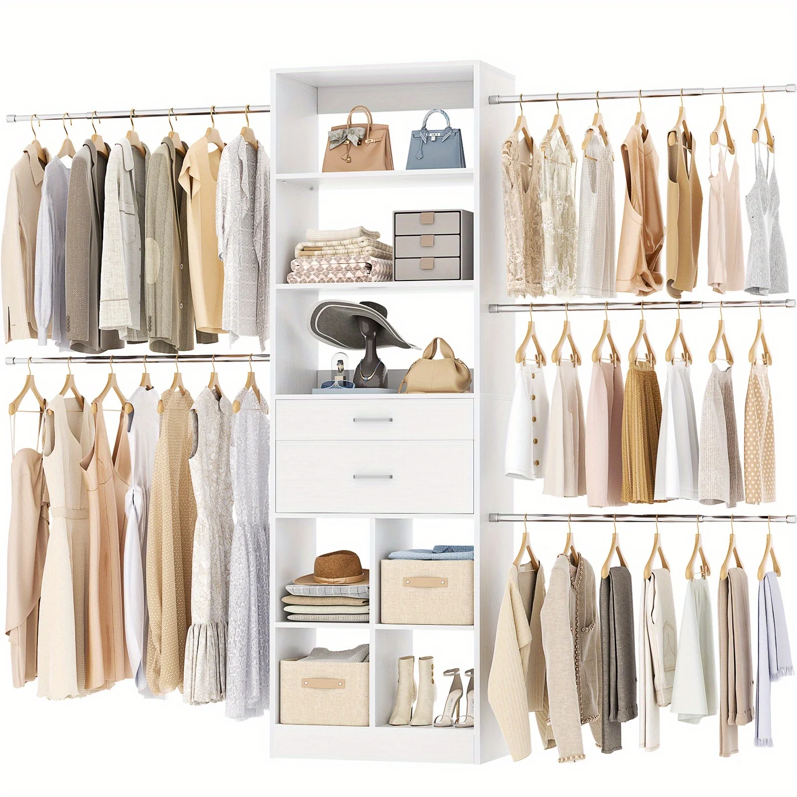 Closet Organization System, a Tower for Closets Measuring 4 to 8 Feet, Featuring Two Wooden Drawers And Shelves, Suitable for Walk-In Closets Ranging from 60 to 96 Inches, Equipped with Five Hanging Rods And Built-In Components.
Closet Organization System, a Tower for Closets Measuring 4 to 8 Feet, Featuring Two Wooden Drawers And Shelves, Suitable for Walk-In Closets Ranging from 60 to 96 Inches, Equipped with Five Hanging Rods And Built-In Components.
