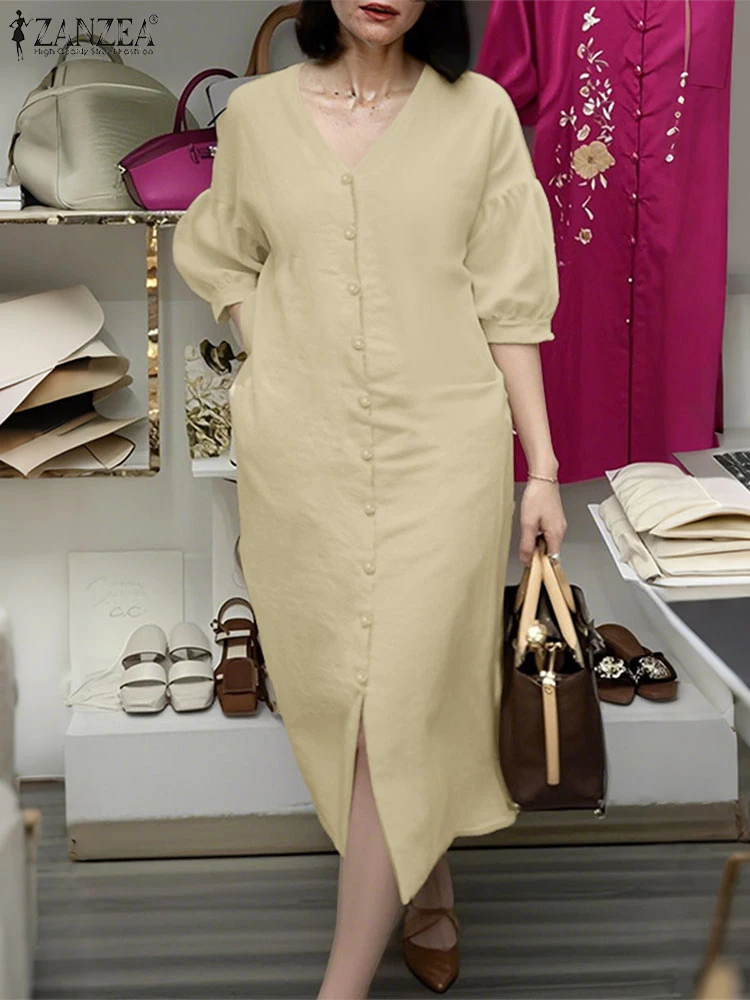 ZANZEA Women Summer V Neck Short Sleeve Sundress Vintage Solid Dress Elegant Work OL Vestidos Casual Buttons Down Midi Robe 2025
ZANZEA Women Summer V Neck Short Sleeve Sundress Vintage Solid Dress Elegant Work OL Vestidos Casual Buttons Down Midi Robe 2025