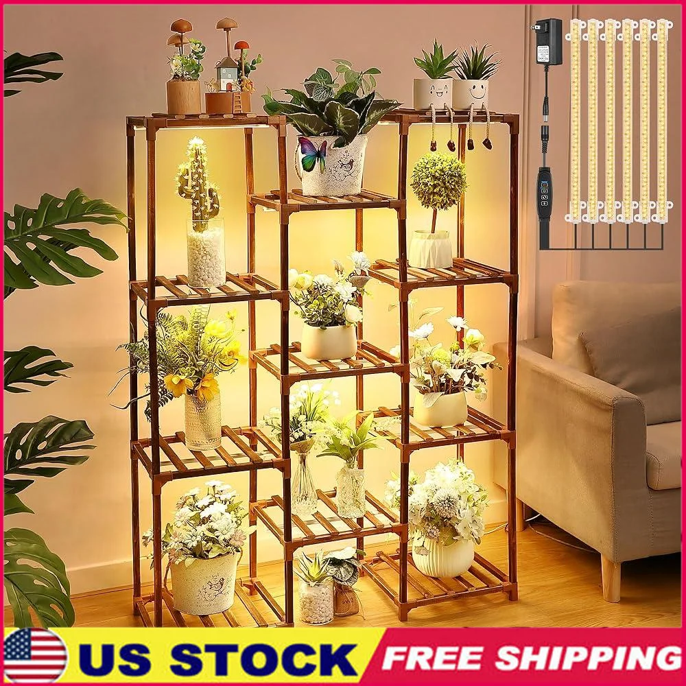 Подставка для комнатных растений со светодиодными лампами для выращивания, ярусы, полка для растений, функция таймера полного спектра, прочная деревянная полка для выращивания растений, 11 горшков
Подставка для комнатных растений со светодиодными лампами для выращивания, ярусы, полка для растений, функция таймера полного спектра, прочная деревянная полка для выращивания растений, 11 горшков