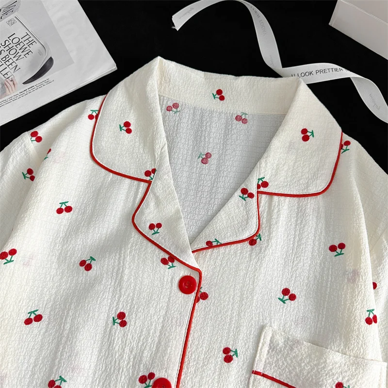 Summer Short Sleeve Sleepwear Women's Bubble Gauze Pleated Cardigan Sweet Little Cherry Thin Home Clothes Set Casual Style 25 Sa884b0df710f42a39725296bbee4e468t