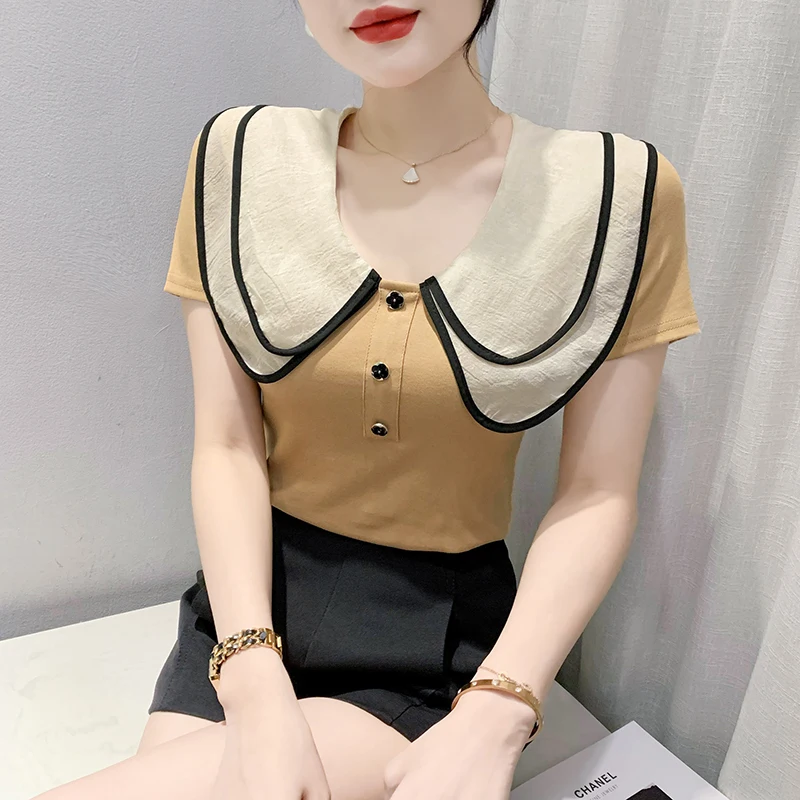 2023 New Summer European Clothes T-Shirt Women Fashion Sexy Peter Pan Collar Color Blocking Tops Short Sleeve Casual Tees 36051
2023 New Summer European Clothes T-Shirt Women Fashion Sexy Peter Pan Collar Color Blocking Tops Short Sleeve Casual Tees 36051