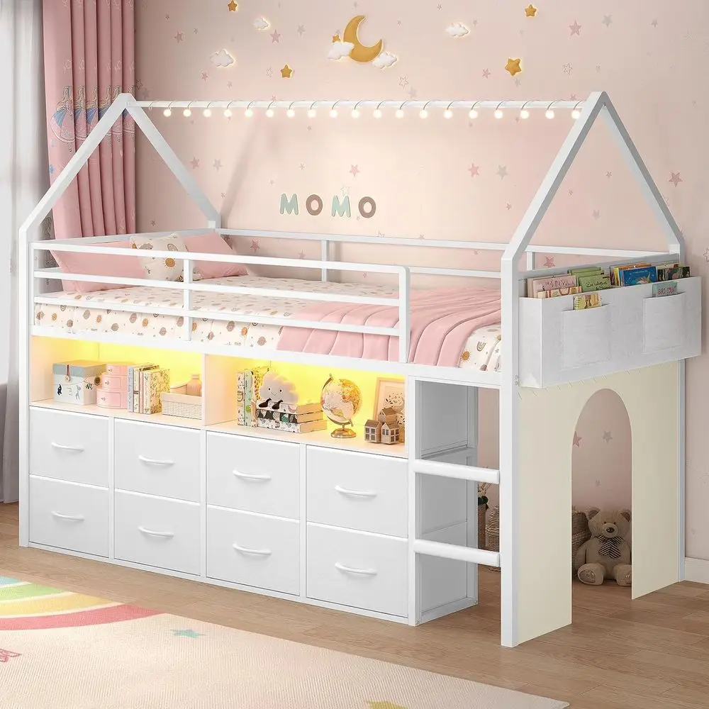 Kid's Twin Loft Bed with 8 Drawers, LED Lights, House-Shaped Metal Frame, Bookcase, Foam Ladder, Safety Rail, and Fun Curtains
Kid's Twin Loft Bed with 8 Drawers, LED Lights, House-Shaped Metal Frame, Bookcase, Foam Ladder, Safety Rail, and Fun Curtains