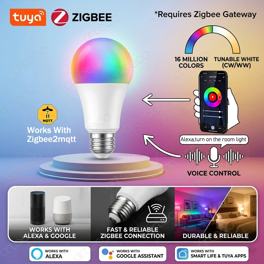 Tuya E27 ZigBee LED Light Bulbs 85-265V 15W 18W RGB 2700-6500K Dimmable Smart LED Lamps Works with Smart Life Alexa Zigbee2MQTT
Tuya E27 ZigBee LED Light Bulbs 85-265V 15W 18W RGB 2700-6500K Dimmable Smart LED Lamps Works with Smart Life Alexa Zigbee2MQTT