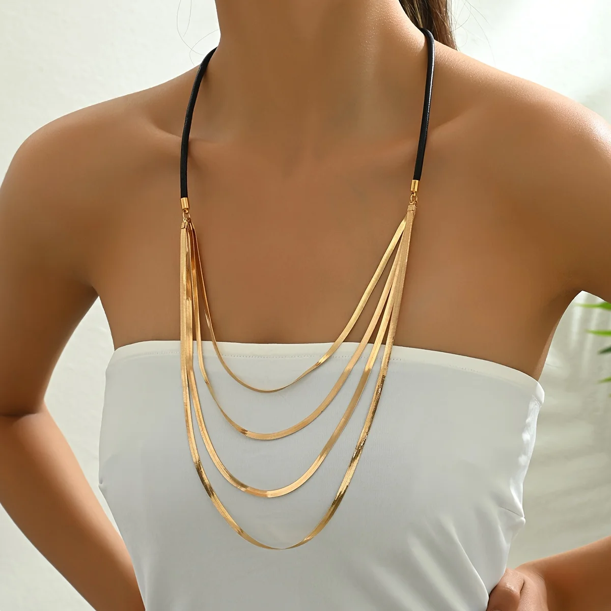 Lxalry 14K Gold & Platinum 4-Layer Snake Chain Necklace - Black Leather Hypoallergenic Jewelry for Daily Wear 
Lxalry 14K Gold & Platinum 4-Layer Snake Chain Necklace - Black Leather Hypoallergenic Jewelry for Daily Wear
