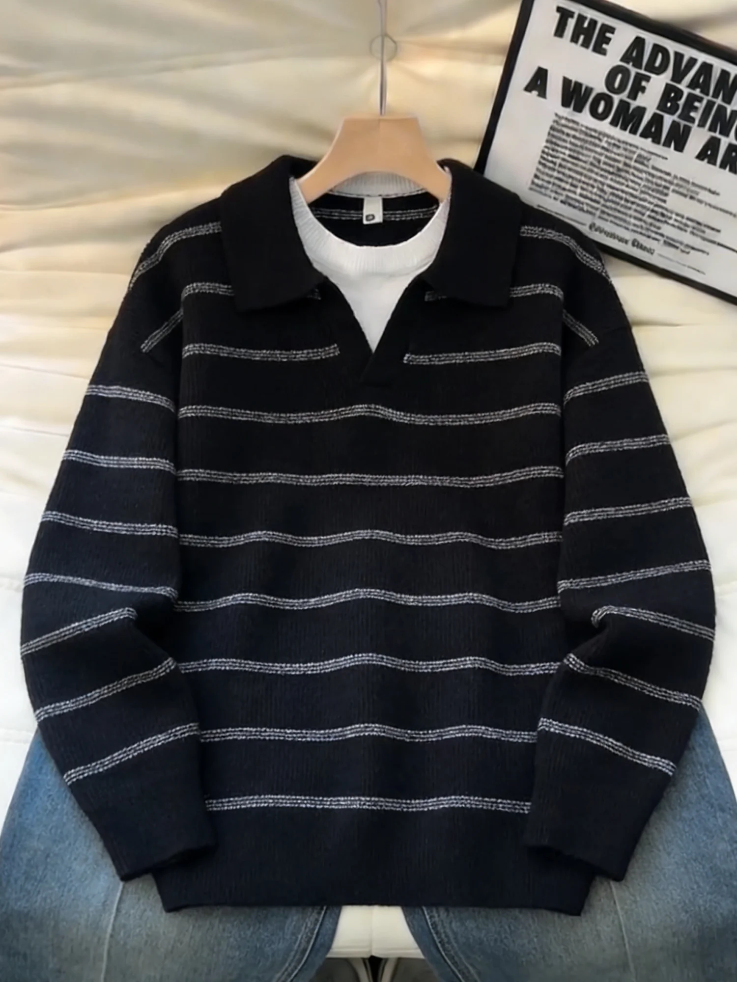 Модный мужской трикотажный джемпер с воротником в полоску, имитация двухслойности, свободный крой, длинный рукав, повседневный стиль, весенний сезон, удобный крой
Модный мужской трикотажный джемпер с воротником в полоску, имитация двухслойности, свободный крой, длинный рукав, повседневный стиль, весенний сезон, удобный крой